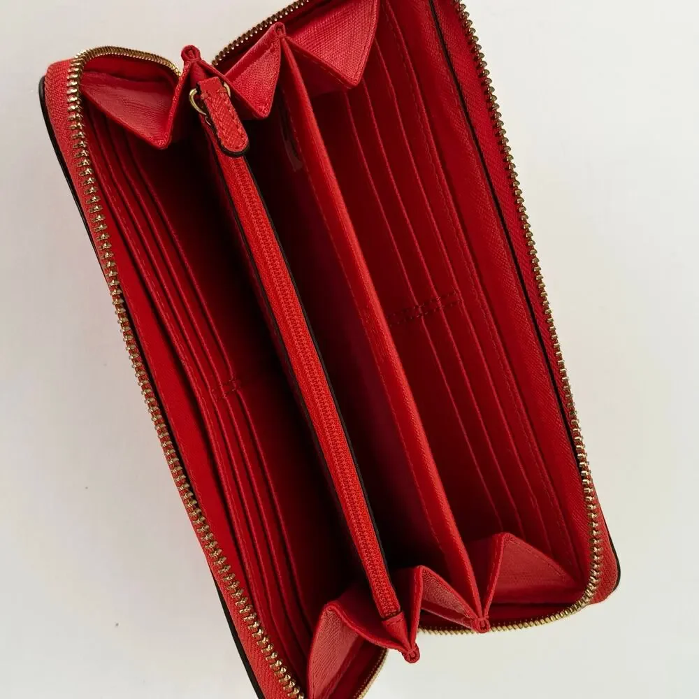 Coach Campbell Zip Around Leather Accordion Wallet in Red with Buckle Accent